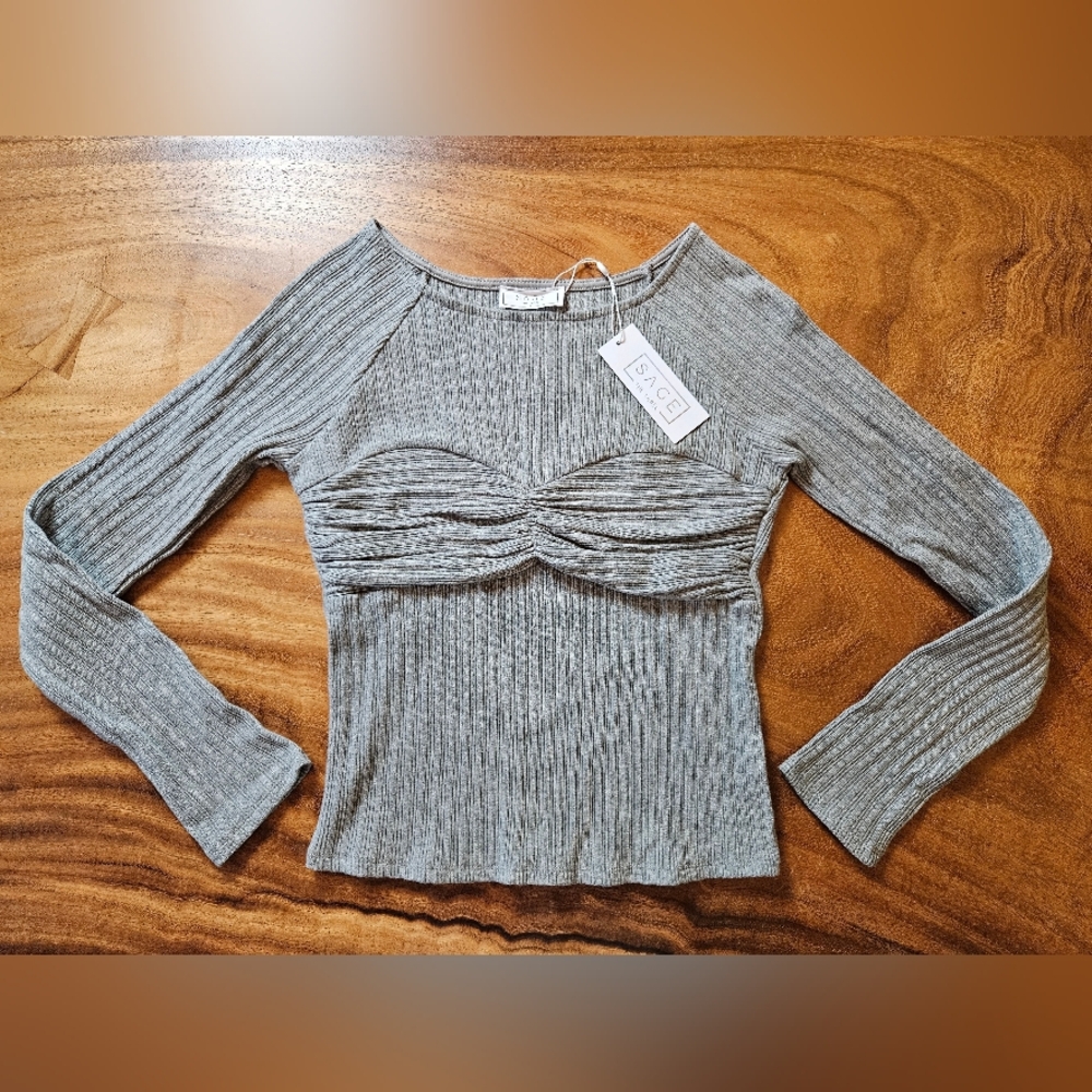 NWT Sage The Label Gray Ribbed Long Sleeve Top Women's Size Small